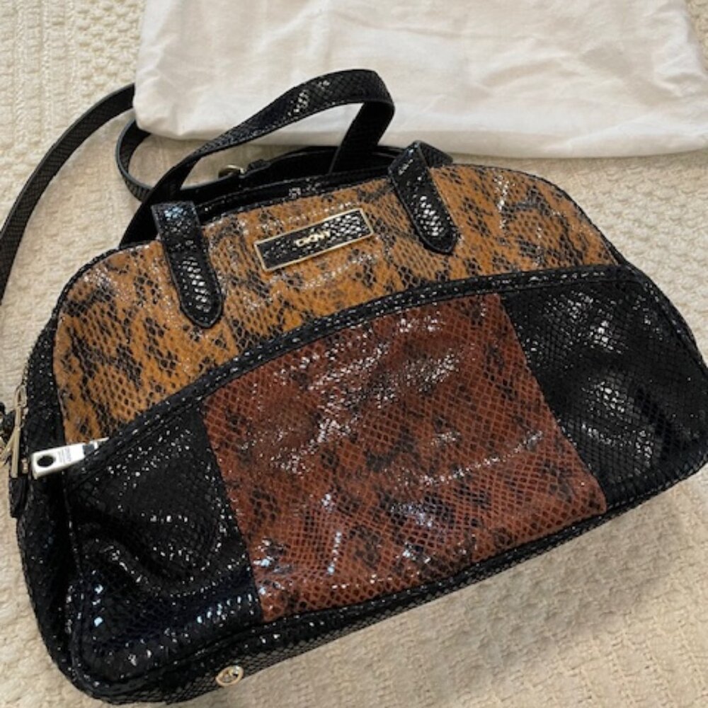 DKNY Domed Satchel Bag Leather Handbag Purse Multicolor Dual Zippers Strap NWOT